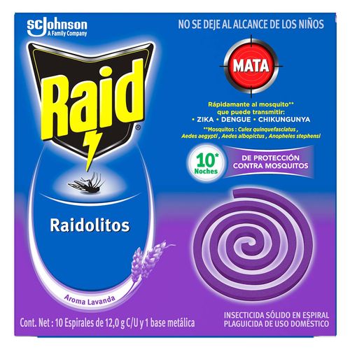 Insecticida Raid mata Mosquitos aroma lavanda 10 espirales de 12.0g cada uno