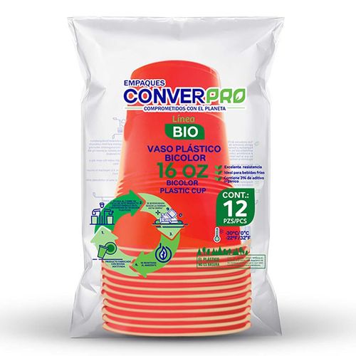 Vasos desechables biodegradables Conver Pro bicolor pro 16 Onzas paquete con 12 Piezas