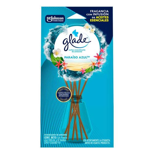 Aromatizante con Aceites  Varitas Glade Paraíso Azul Frasco con 100ml y 6 Varitas
