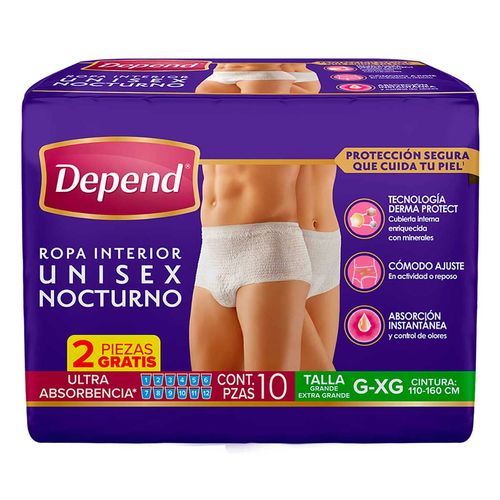 Ropa Interior Desechable para Incontinencia Depend Unisex Nocturno Ultra L-XL 8 Piezas