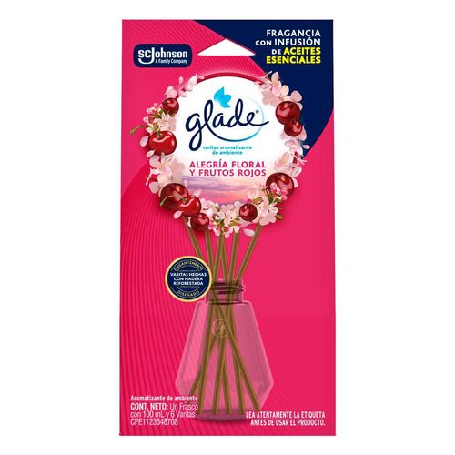 Aromatizante con Aceite Varitas Glade Alegría Floral y Frutos Rojos Frasco con 100ml y 6 Varitas