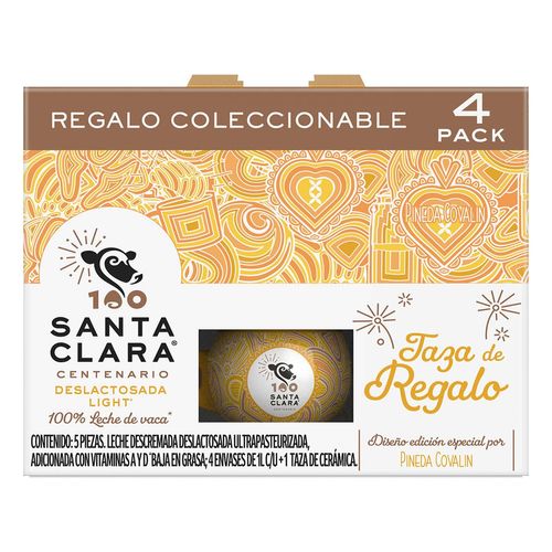4Pack Leche Sta Clara Deslactosada Light 1L Cada Uno + Taza