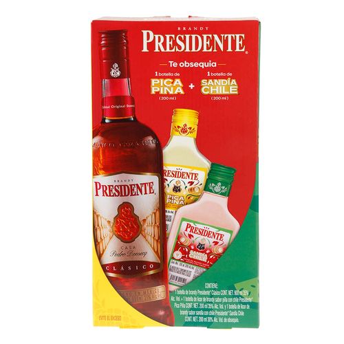 Brandy Presidente Clásico 900ml + Pica piña y Sandía de 200ml